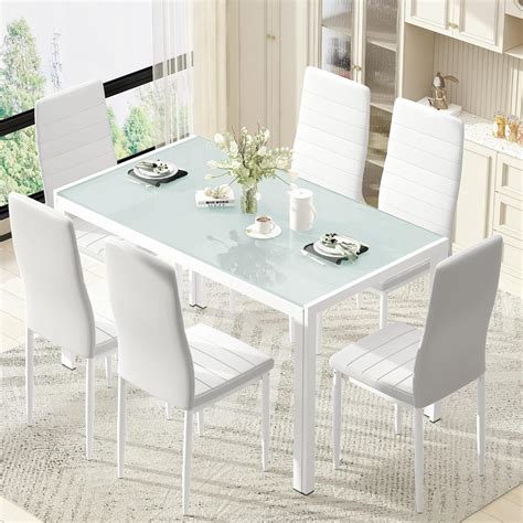 AWQM Juego De Mesa De Comedor De Cristal Blanco De 7 Piezas Para 6