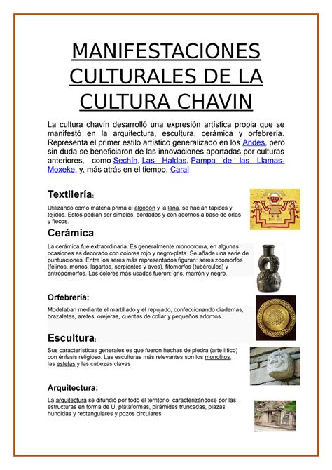 Manifestaciones Culturales De La Cultura Chavin Manifestaciones