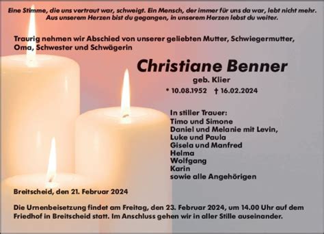 Traueranzeigen Von Christiane Benner Vrm Trauer De