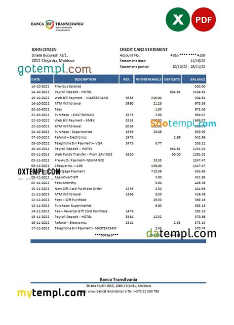 Moldova Banca Transilvania Bank Statement Excel And PDF Template