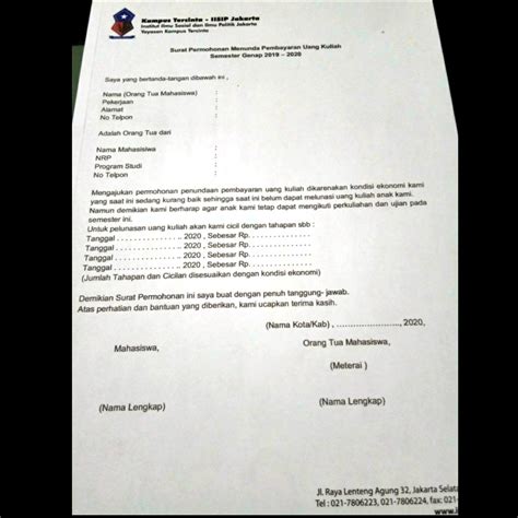 Contoh Surat Permohonan Pengunduran Pembayaran Uang Kuliah Surat