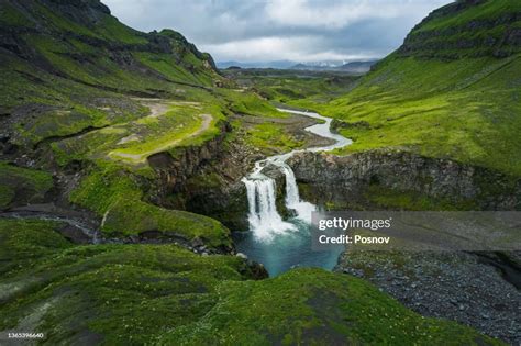 Waterfall At The Gates Of Okmok At Umnak High Res Stock Photo Getty