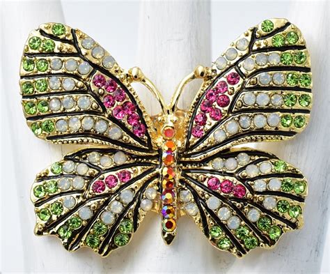 Rhinestone Butterfly Ring Gold Ring Multicolor Rhinestones Etsy