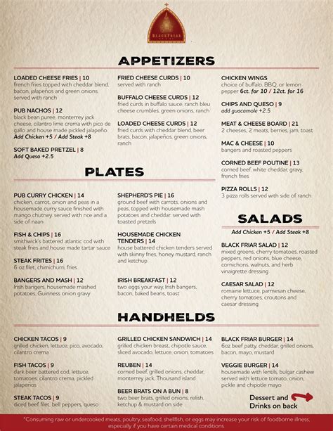 Menu Blackfriar Pub