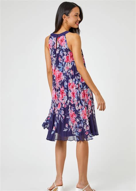 Roman Navy Floral High Neck Pleated Chiffon Swing Dress Matalan