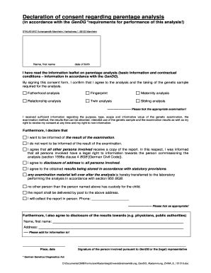 Fillable Online Declaration Of Consent Regarding Parentage Analysis Fax