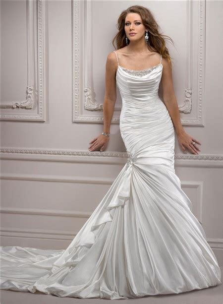 Trumpet Mermaid Spaghetti Strap V Back Ruched Satin Wedding Dress With