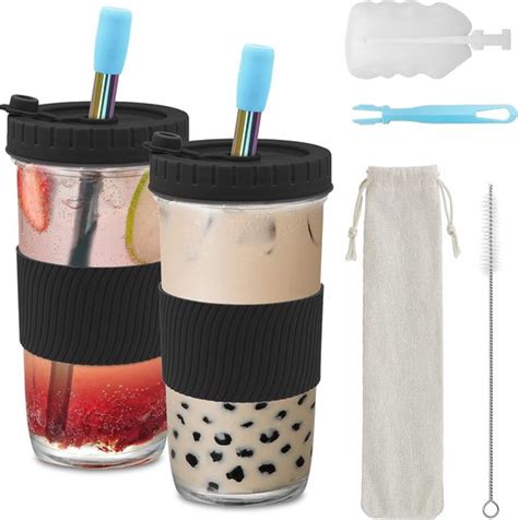 2 Stuks Zwarte Bubble Tea Bekers Met Deksel En Rode Roos 730 Ml