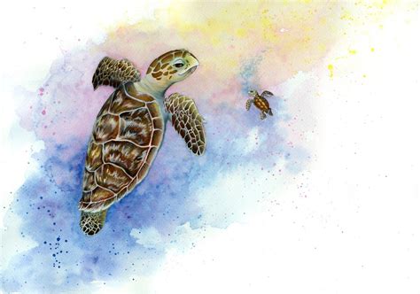 Hawksbill Sea Turtles Mother With Baby Endangered Species Etsy