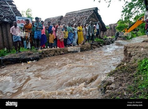 Village People Looking At The Rain Water Flooding In The Stream Tamil Nadu South India India