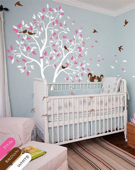 White Tree Wall Decal Nursery Wall Mural Sticker With Cute Squirrels