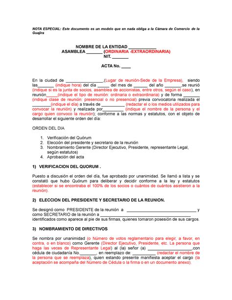 Modelo Acta De Nombramiento Nota Especial Este Documento Es Un Free