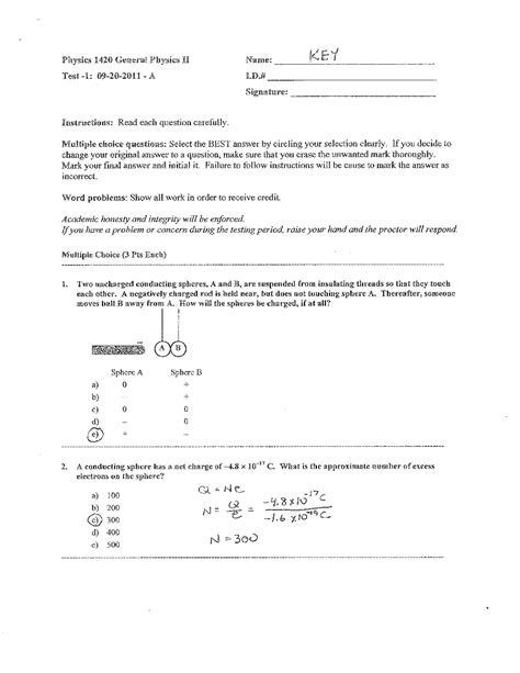 General Physics Ii Test 1 Version A Fall 2011 Phys 1420 Docsity