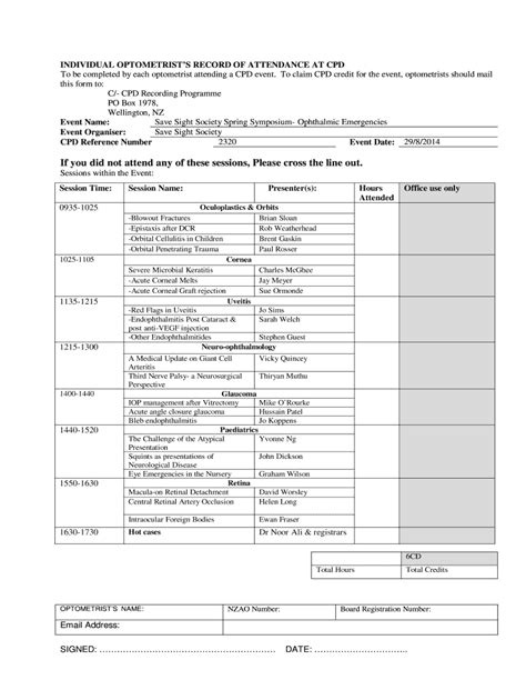 Fillable Online Individual Optometrists Record Of Attendance At Cpd To