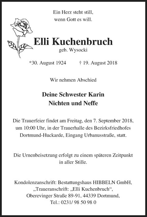 Traueranzeigen Von Elli Kuchenbruch Trauer In NRW De