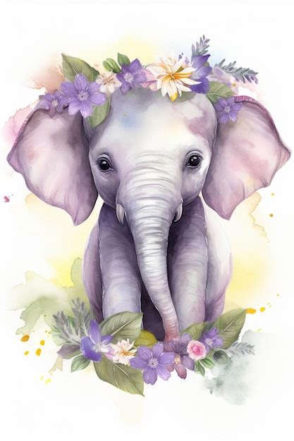 Premium Ai Image Watercolor Painting Of A Baby Elephant With A Flower