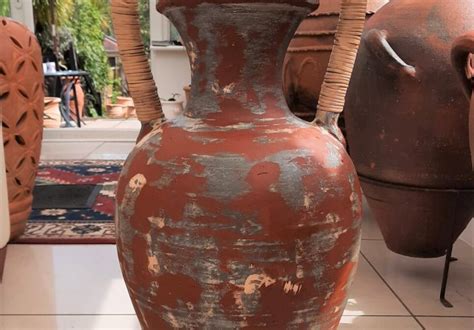 Sold Vintage Amphora Style Clay Jar Pot With Wicker Covered Handles