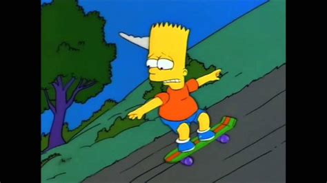 the simpsons skateboarding down a hill with trees in the background