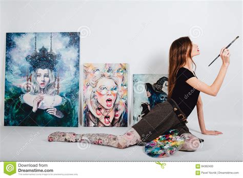 Female Artist At Picture Canvas On White Background Girl Painter With