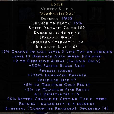 Exile Vortex Shield - Ethereal - 45 Res - 220-239% ED - Diablo 2 ...