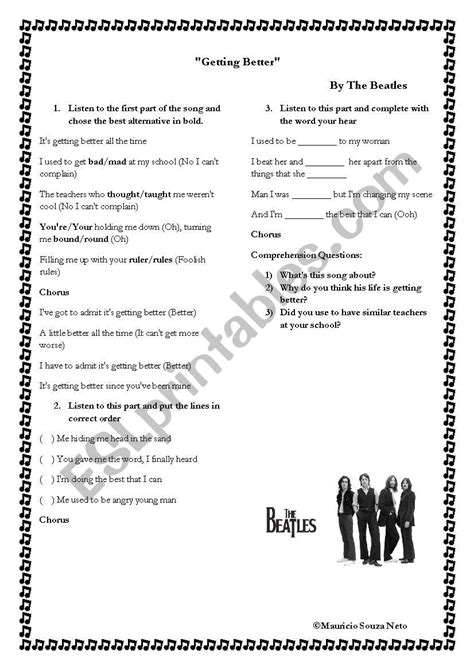 Getting Better By The Beatles Esl Worksheet By Teacher Mauricio