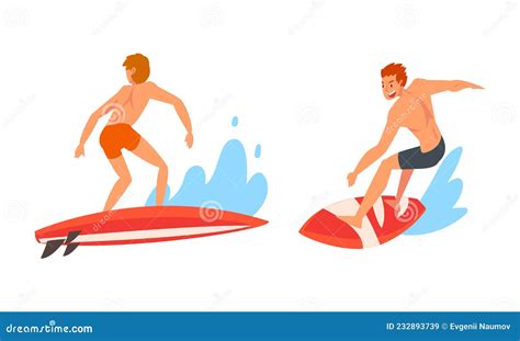 Man Surfer Character On Surf Board Riding Moving Wave Of Water Vector