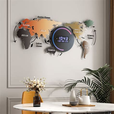 Modern Large Multifunctional World Map Wall Clock Decor With Led Digital Display Screen Homary