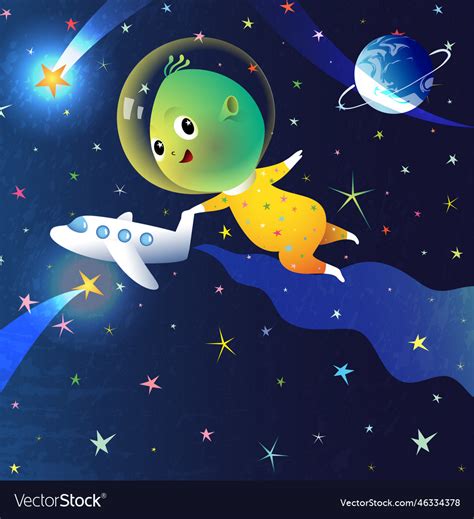 Cute Baby Alien In Outer Space Playing With Rocket