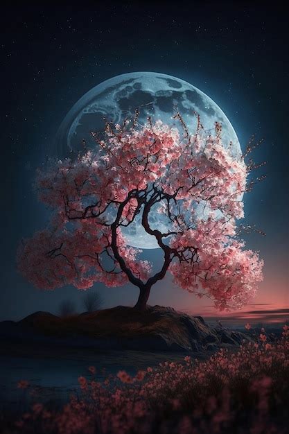 Rbol De Sakura Floreciente En La Noche Con Luna Llena Foto Premium