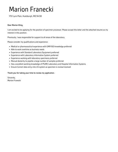 Specimen Processor Cover Letter Velvet Jobs