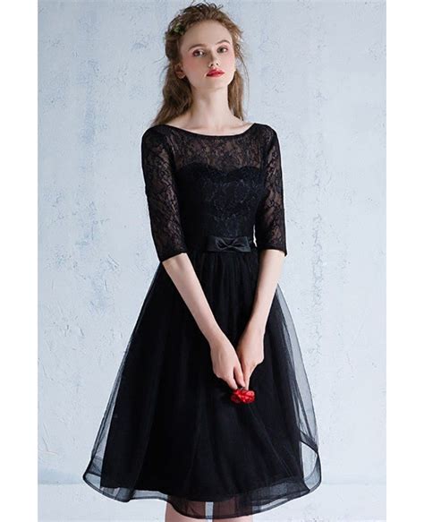 Black Tulle Knee Length Homecoming Party Dress With Half Lace Sleeves