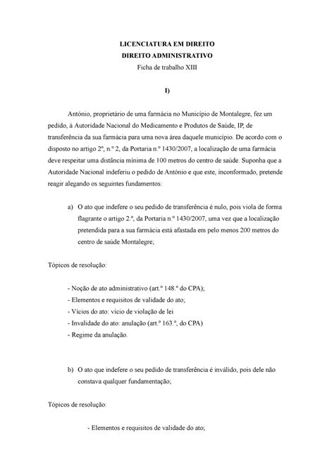 FT XIII resolução Ficha de Direito Administrativo LICENCIATURA EM