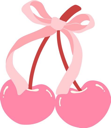 Coquette Cherries With Ribbon Bow Flat Design Png