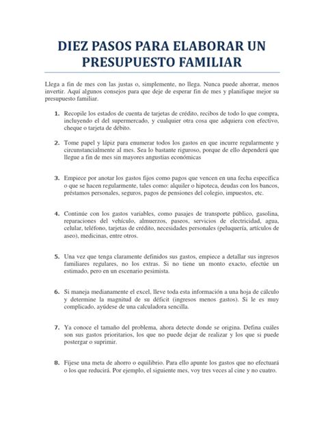 Diez Pasos Para Elaborar Un Presupuesto Familiar Pdf Ahorro