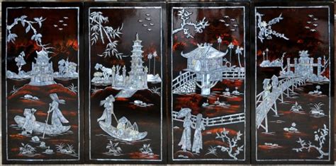 Vietnamese Lacquer Painting With Mother Of Pearl Inlay Showing The Four