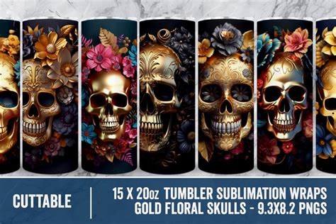 D Skull Floral Sublimations Gold Dark Skull Tumbler Wrap