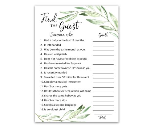 Greenery Find The Guest Baby Shower Game Pack Of Gender