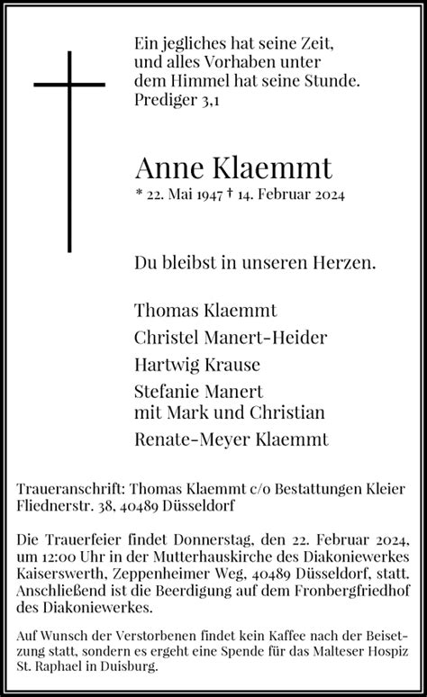 Alle Traueranzeigen F R Anne Klaemmt Trauer Rp Online De