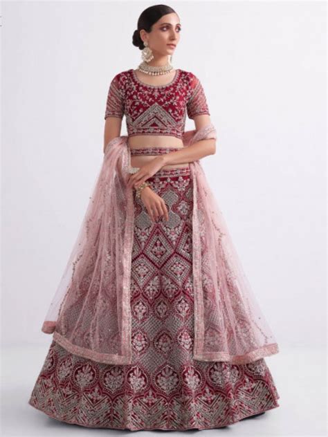 Attractive Cherry Red Fancy Embroidered Net Bridal Wear Lehenga Choli