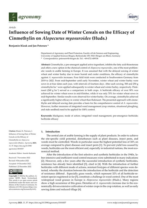 Pdf Influence Of Sowing Date Of Winter Cereals On The Efficacy Of