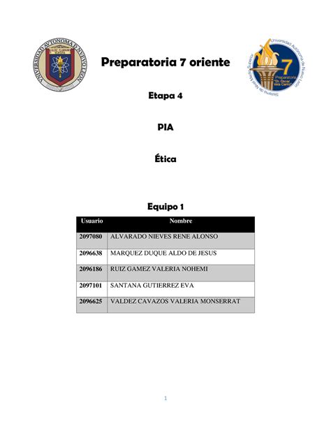 Equipo 1 PIA ESRS pia Preparatoria 7 oriente Etapa 4 PIA Ética