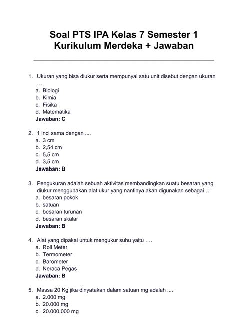 Latihan Soal Sas Ipa Kelas 7 Semester 1 Kurikulum Merdeka Dengan