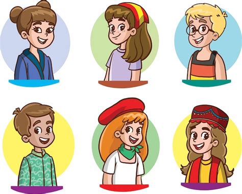 Conjunto de retratos aislados de niños de dibujos animados felices