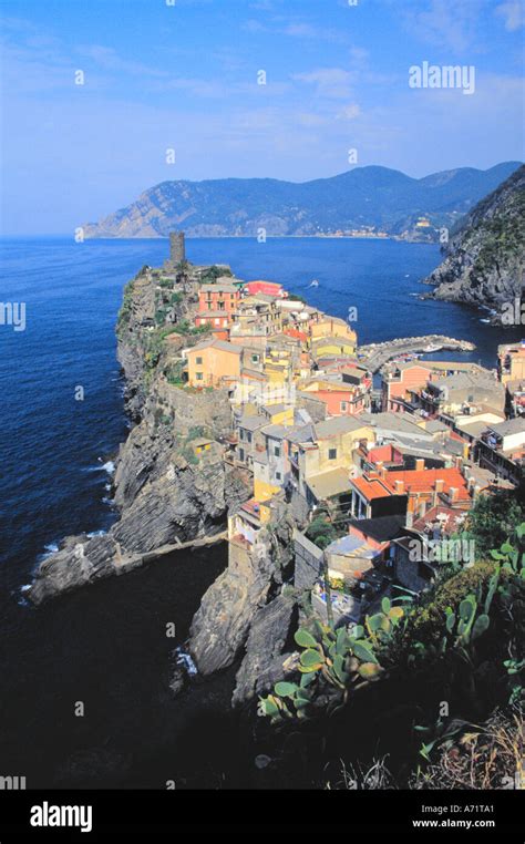 Europe Italy Cinque Terre Hillside Town Of Vernazza From Above In