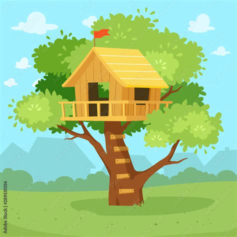 Cute Tree House Cartoon On Jungle Design Stock Vector Adobe Stock