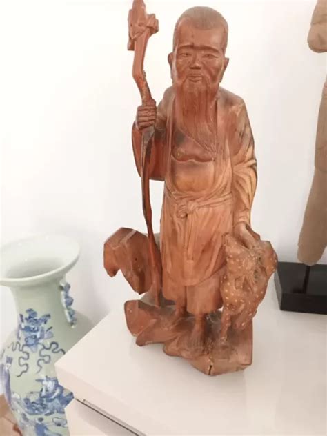 STATUE SCULPTURE CHINOISE bois sculpté vieil homme sage chinois Chine