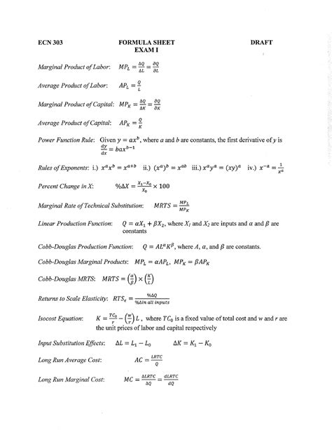 Formula Sheet Exam1 Summer 2015 Ecn 303 Formula Sheet Draft Exam I