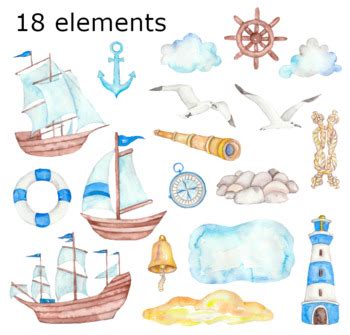 Watercolor Clipart Marine Nautical Sail Boat Sailor Lighthouse Seagull