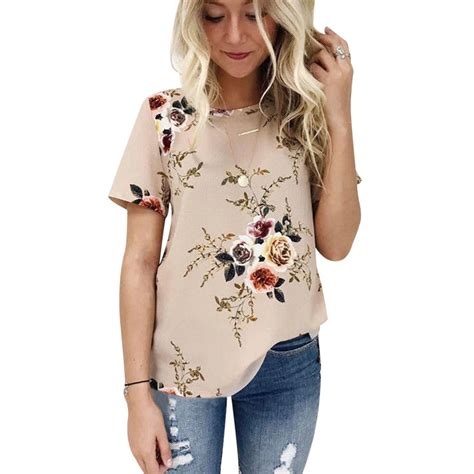 Elegant Summer Women Casual Tops Blouse Short Sleeve Rose Floral Crew