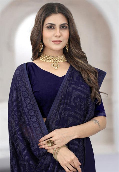 Buy Embroidered Georgette Saree In Navy Blue Online Scba4541 Utsav Fashion